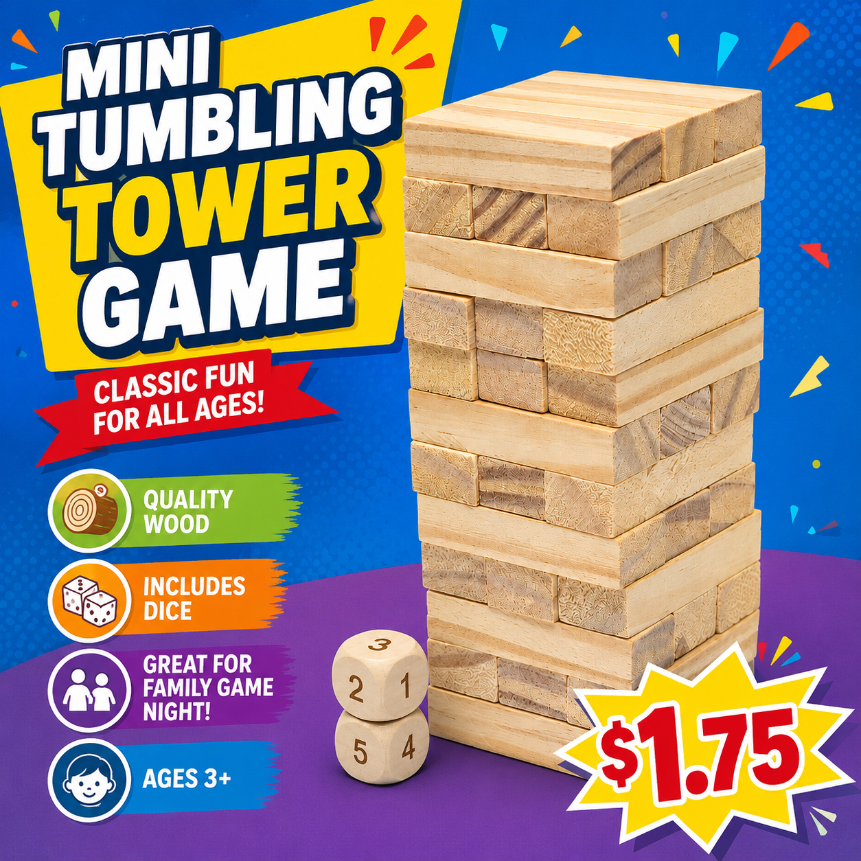 Mini Tumbling Tower Game (10 Pack) - Compact Version of Classic Jenga - $1.75 Each