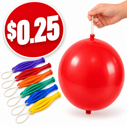 Punch Balloons (64 Pack) Assorted Colors in Each Pack, Deflated - 25¢ Each