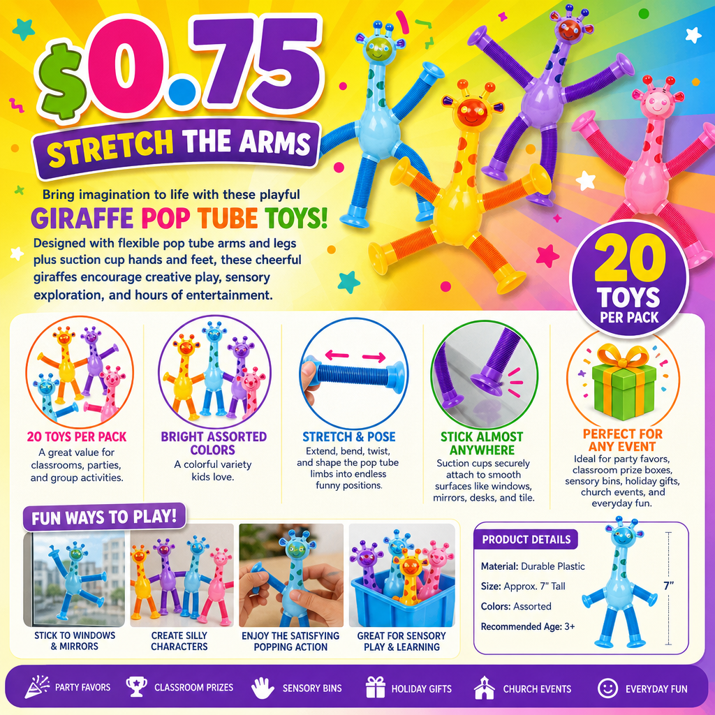 Giraffe Pop Tube Toys – Pop, Stretch & Bend Sensory Toys (20 Pack) - 75¢ Each