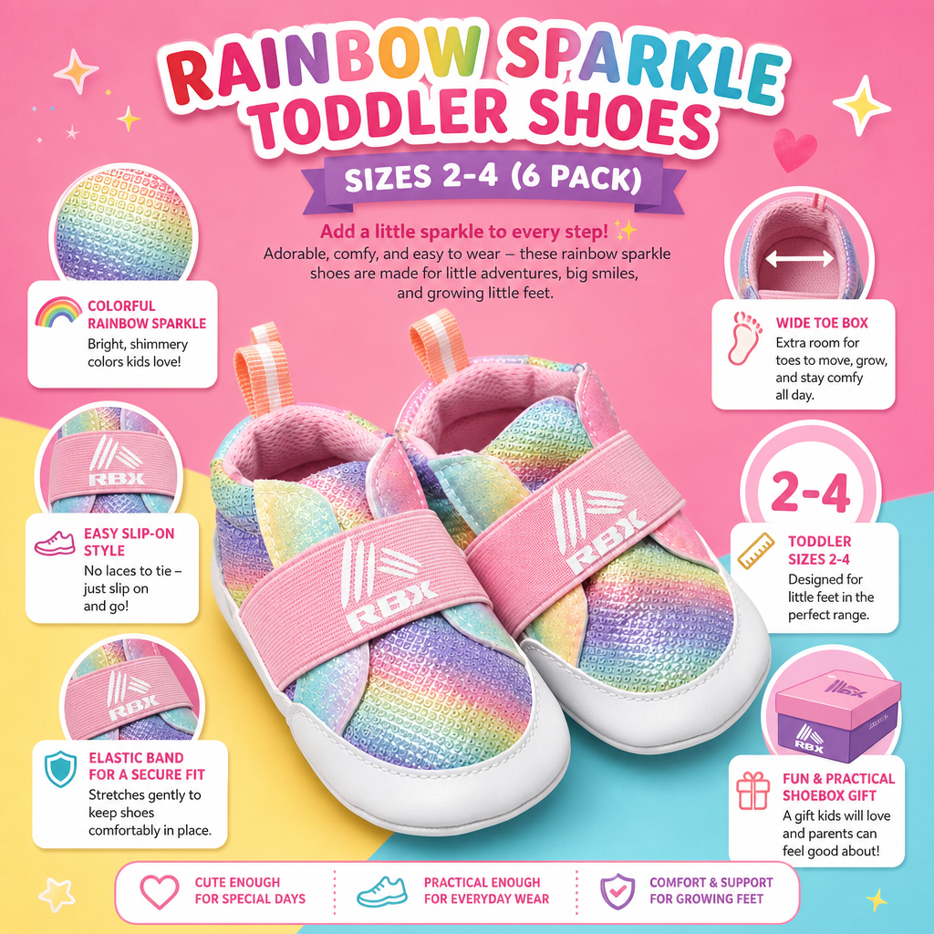 Toddler Shoes 2-4 (6 Pack) Rainbow Sparkles, Slip-On - $2.25 Each