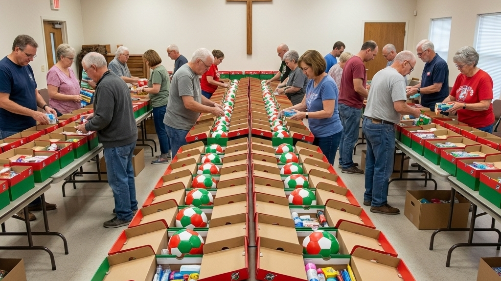 A long table in a community room is lined with open shoeboxes containing red, green, and white soccer balls, along with assorted packaged items. Several people are standing and sitting along both sides of the table, organizing or packing supplies.
