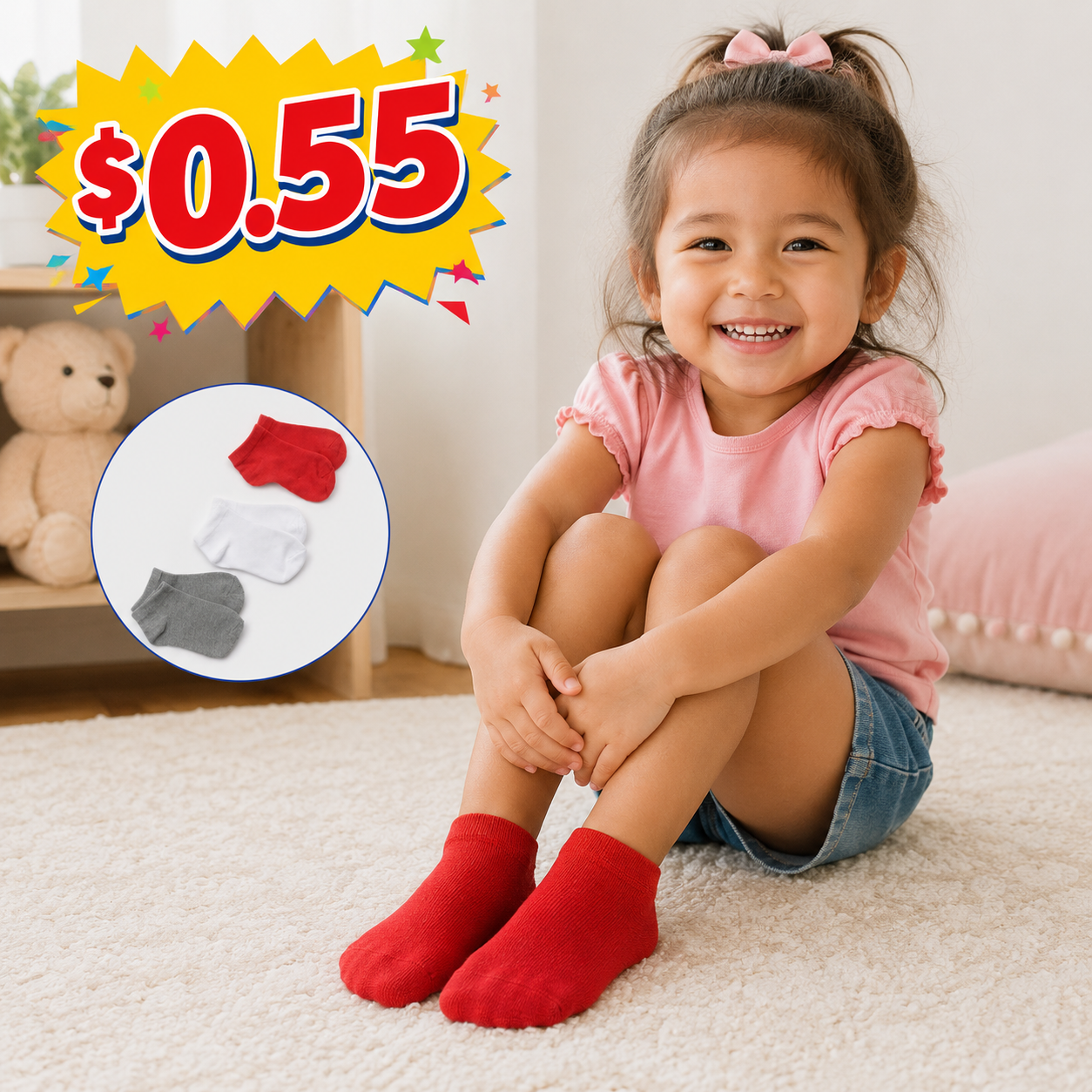 Toddlers' Socks (10 Pack) For Ages 2-4 Years Old - $0.55 Each